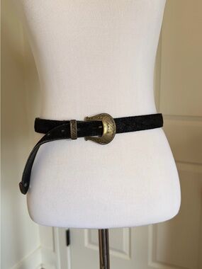 Vintage Black Suede Leather Brass Buckle Belt